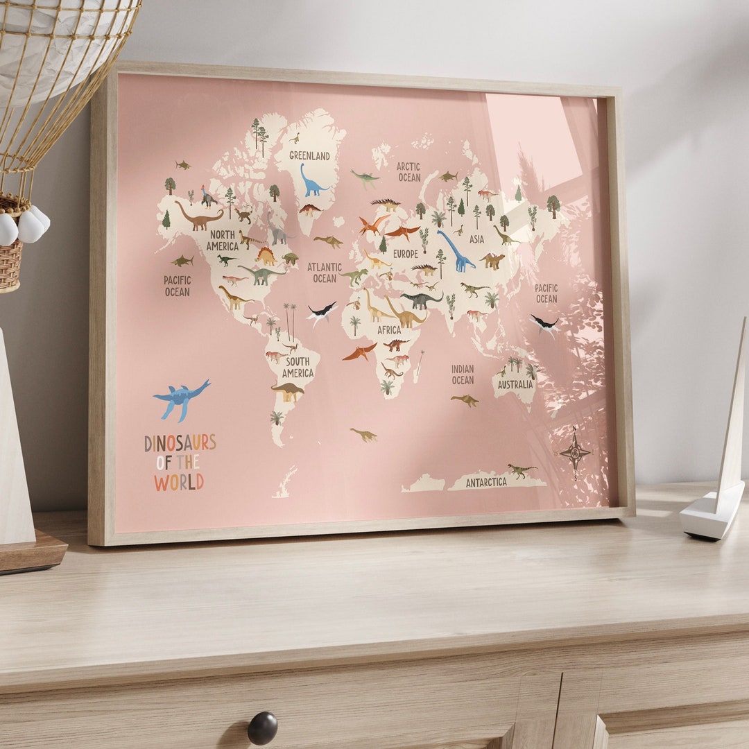 Dinosaur World Map Print, Dinosaurs of the World Classroom Art ...