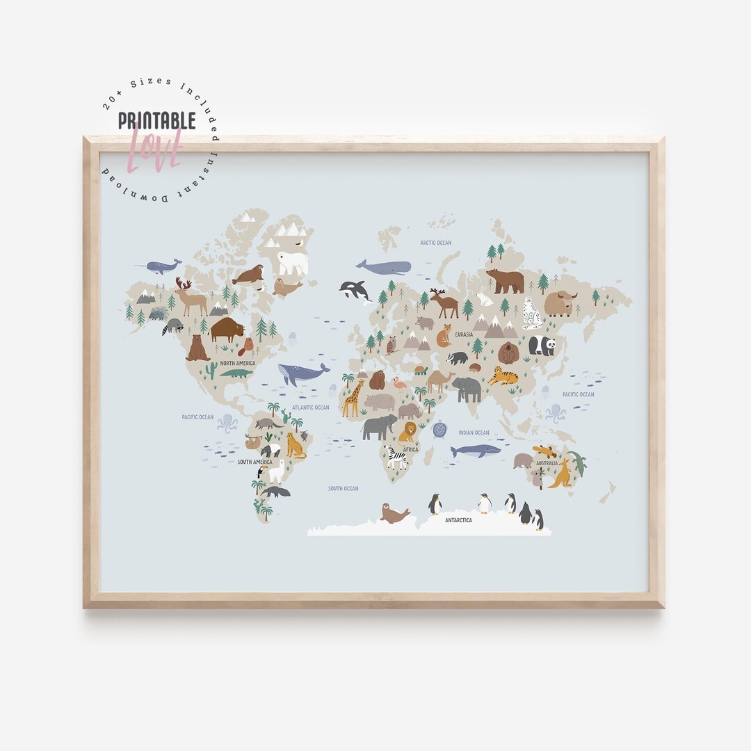 Animals World Map, Kids Animal World Map Printable, Classroom World Map ...