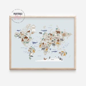 Tiere Weltkarte, Kinder Tiere Weltkarte druckbar, Klassenzimmer Weltkarte, Wandkunst, Lernposter, Kinderzimmer, sofortiger Download