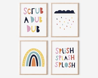 Bathroom Art Set, Kids Bathroom Printable Set, Bathroom Quotes, Modern Kids Bathroom Print