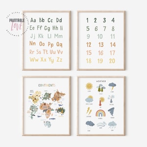 4er Set Klassenzimmer Poster, Lernen ABC 123 bedruckbar, Welt Tier Kontinente Karte, Wetterkarte, Montessori Kinderzimmer Kunst, Hausschuldekor