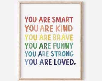 Kids Affirmation Printable Art: You Are Smart  Kind Brave Funny Strong Loved, Kids Word Art, Classroom Decor