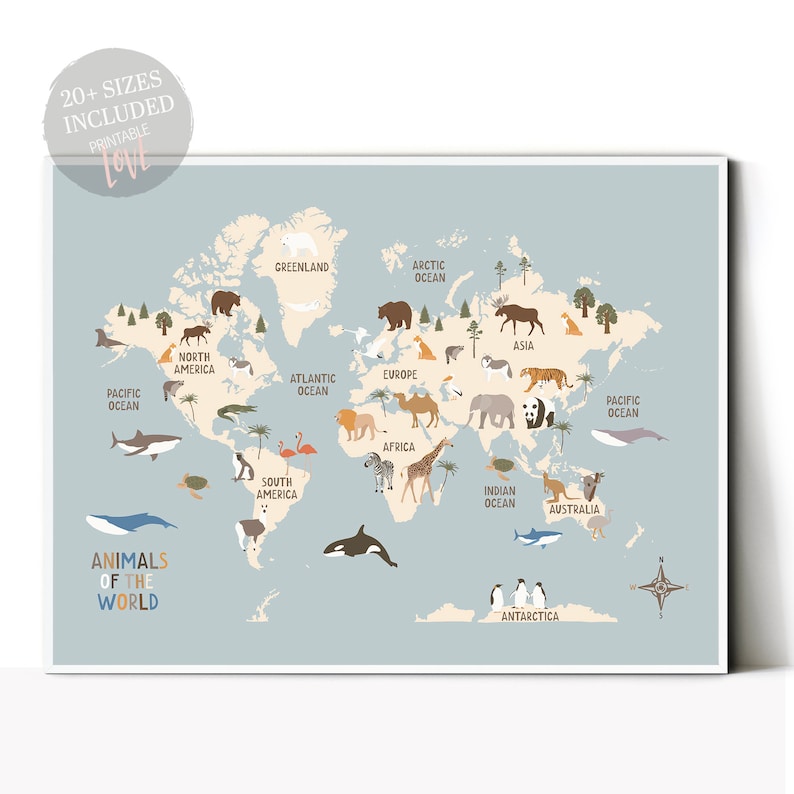 Animals World Map Kids Animal World Map Printable UPDATED Etsy Australia