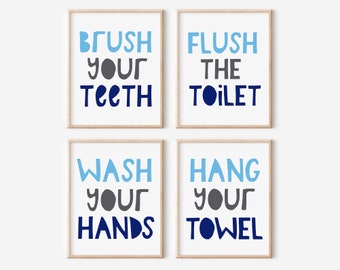 Badezimmerregeln drucken, druckbares Badezimmerkunstset, Kinderbadezimmersets, Toilette spülen, Zähne putzen, Hände waschen, Handtuch aufhängen