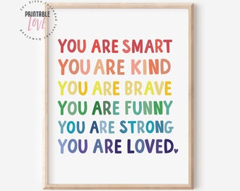 Kids Affirmation Printable Art: You Are Smart  Kind Brave Funny Strong Loved, Kids Word Art, Classroom Decor