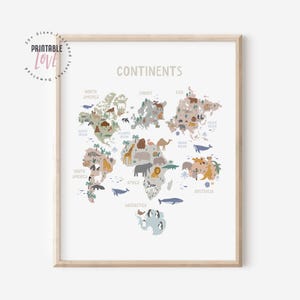 Tiere Weltkarte, Kontinente Kinder Tiere Weltkarte druckbare, AKTUALISIERTE Weltkarte Kinderzimmer Wandkunst, Lernposter, Klassenzimmer Karte Poster