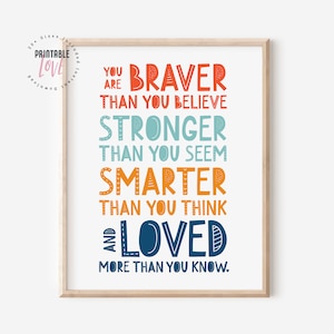 You are braver than you believe... Winnie the Pooh Quote: Nursery Decor, Inspirational Quote Kids Wall Art, A.A. Milne Inspirational Kids