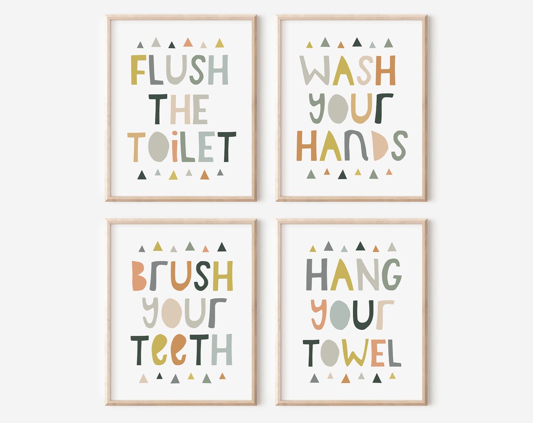 Bathroom Art Set, Kids Bathroom Sets, Flush the Toilet, Brush Your ...