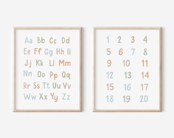 Set of 2: Alphabet Poster, Numbers Poster 1-20, Playroom Wall Decor, ABC Prints, Printable Alphabet Poster Educational Wall Art, 123 Print