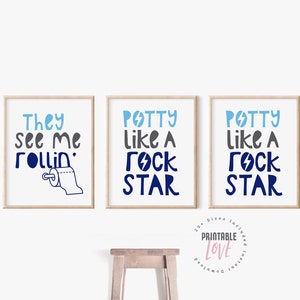 Printable Kids Toilet Signs, Kids Bathroom Wall Art, Kids Bathroom Rules, Potty Like a Rockstar, They See Me Rollin&#39;, Flush It Good