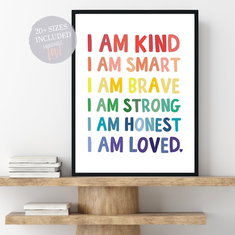 Kids Affirmation Printable Art: I Am Kind Smart Brave Strong Honest Loved, Kids Word Art, Kids Nursery Decor image 3