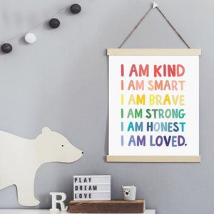 Kids Affirmation Printable Art: I Am Kind Smart Brave Strong Honest Loved, Kids Word Art, Kids Nursery Decor image 4