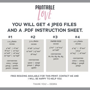 May include: Printable Love graphic design template with four different size options for printing. The sizes are listed in inches and centimeters. The template includes a PDF instruction sheet.