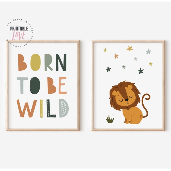 Set Of 2 Nursery Prints: Born To The Wild, Lion Nursery Decor, Safari Print Set, Safari Nursery Print, Kids Room Decor Art