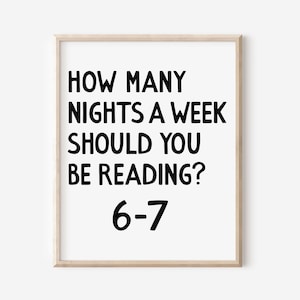 May include: A framed print with the text "HOW MANY NIGHTS A WEEK SHOULD YOU BE READING?" in black, with the answer "6-7" below. The print has a white background and a light wood-colored frame.