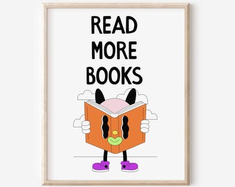 Middle High School Classroom Library Wall Art, English History Poster, Read More Books Print Retro Book Character Poster DIGITAL DOWNLOAD