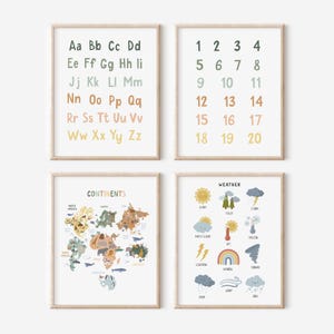 May include: Four framed educational prints. One displays the alphabet in various colors. Another shows numbers 1-20. A third shows a world map with continents. The last print illustrates weather icons.