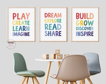 Set of 3 Kids Playroom Printable Art, Playroom Rules, Children&#39;s Classroom Decor, Virtual Homeschool Art