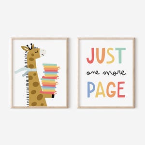 Set of 2: Just One More Page Art Prints, Playroom Printables, Kids Room Decor, Giraffe with Books, Toddler Wall Art, Read Books Art