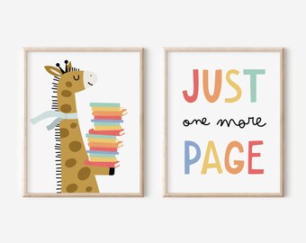 Set of 2: Just One More Page Art Prints, Playroom Printables, Kids Room Decor, Giraffe with Books, Toddler Wall Art, Read Books Art