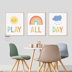 Spielen Sie den ganzen Tag druckbares Set von 3, Spielzimmer-Kunst-Dekor, Spielen Sie den ganzen Tag druckbare, Kinder Printables, Lets Play Schild, Spielzimmer druckbares Set von 3