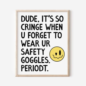 May include: A framed print with the text "DUDE, IT'S SO CRINGE WHEN U FORGET TO WEAR UR SAFETY GOGGLES. PERIODT." in black, with a yellow smiley face. The frame is a light wood color.