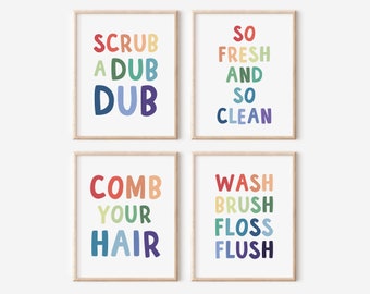 Bathroom Art Set, Kids Bathroom Rules, Bathroom Quotes, Rainbow Kids Bathroom Prints