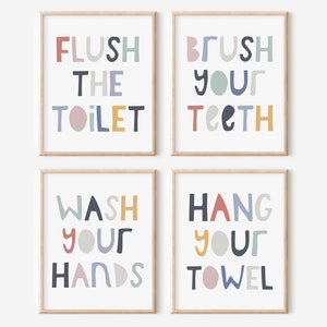 Bathroom Rules Print, Printable Bathroom Art Set, Kids Bathroom Sets, Flush the Toilet, Brush Your Teeth, Wash Your Hands, Hang Your Towel