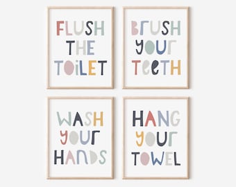 Bathroom Rules Print, Printable Bathroom Art Set, Kids Bathroom Sets, Flush the Toilet, Brush Your Teeth, Wash Your Hands, Hang Your Towel