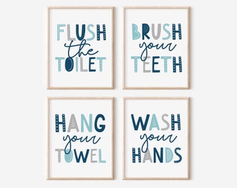 Bathroom Art Set, Kids Bathroom Sets, Flush the Toilet, Brush Your Teeth, Wash Your Hands, Hang Your Towel, Bathroom Rules