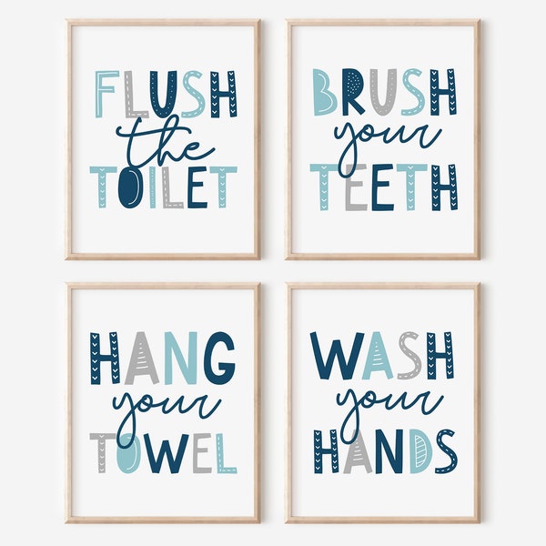 Bathroom Art Set, Kids Bathroom Sets, Flush the Toilet, Brush Your Teeth, Wash Your Hands, Hang Your Towel, Bathroom Rules