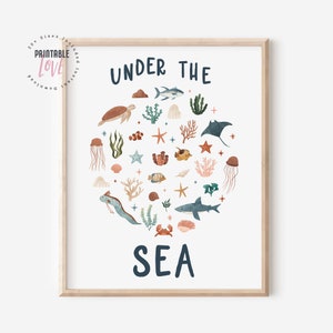 Impressão de berçário sob o mar, animais do oceano para impressão, berçário do mar do oceano, decoração de baleias e tubarões