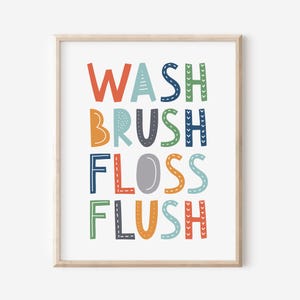 Wash Brush Floss Flush Print, Kids Bathroom Wall Art, Children&#39;s Bathroom Rules, Bathroom Printable Art