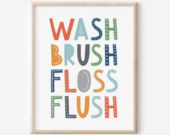 Wasborstel Floss Flush Print, kinderbadkamer kunst aan de muur, kinderbadkamer regels, badkamer afdrukbare kunst