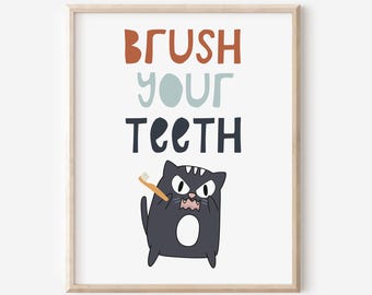 Brush Your Teeth, Kids Bathroom Printable, Brush Your Teeth Print, Kids Bathroom Art, Bathroom Wall Decor, Bathroom Rules