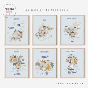 Lernkarte zum ausdrucken, Set von 7 Drucken, Tiere Weltkarte, Kontinente Tiere Weltkarte zum Ausdrucken, Weltkarte Poster, Klassenzimmer Karte Poster