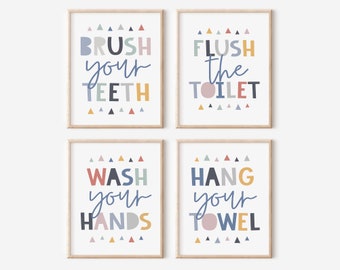 Bathroom Art Set, Kids Bathroom Sets, Flush the Toilet, Brush Your Teeth, Wash Your Hands, Hang Your Towel, Bathroom Rules