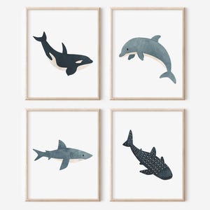 Set of 4: Ocean Animals Wall Art, Nautical Kids Room, Orca Whale Shark Dolphin Wall Decor, Sea Animals Nursery Wall Art, DIGITAL DOWNLOAD