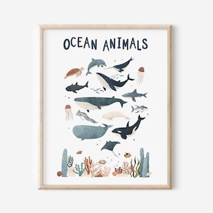Ocean Animals Print, Ocean Nautical Kids Room Decor, Whale Shark Turtle Wall Art, Sea Nursery Theme
