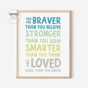 You are braver than you believe... Winnie the Pooh Quote: Nursery Decor, Inspirational Quote Kids Wall Art, A.A. Milne Inspirational Kids