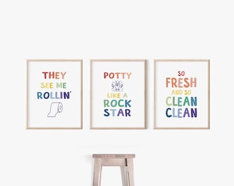Kids Bathroom Printable Set of 3, They See Me Rollin&#39;, Potty Like a Rockstar, So Fresh and So Clean Clean, Rainbow Toilet Art Prints