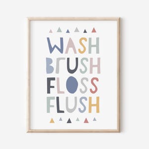 Wash Brush Floss Flush Print, Kids Bathroom Wall Art, Children&#39;s Bathroom Rules, Bathroom Printable Art