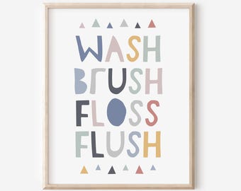 Wasborstel Floss Flush Print, kinderbadkamer kunst aan de muur, kinderbadkamer regels, badkamer afdrukbare kunst