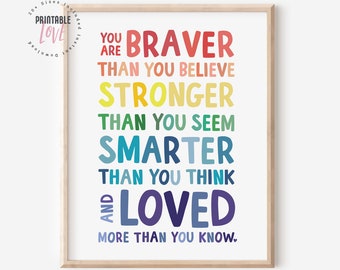 You are braver than you believe... Winnie the Pooh Quote: Nursery Decor, Inspirational Quote Kids Wall Art, A.A. Milne Inspirational Kids