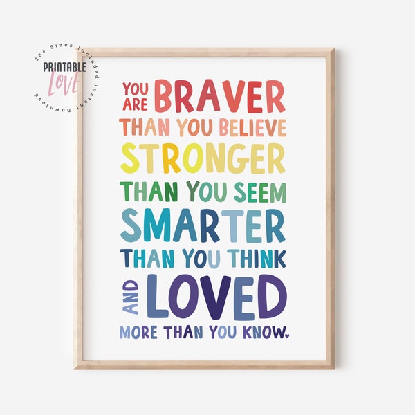 You are braver than you believe... Winnie the Pooh Quote: Nursery Decor, Inspirational Quote Kids Wall Art, A.A. Milne Inspirational Kids