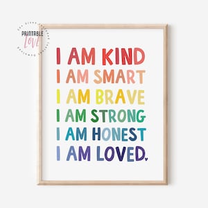 Arte stampabile per l'affermazione dei bambini: Sono gentile, intelligente, coraggioso, forte, onesto, amato, Word Art per bambini, arredamento per l'asilo nido per bambini