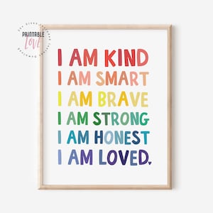 Kids Affirmation Printable Art: I Am Kind Smart Brave Strong Honest Loved, Kids Word Art, Kids Nursery Decor image 1