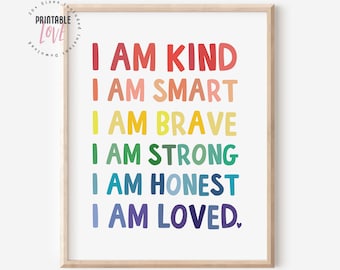 Kids Affirmation Printable Art: I Am Kind Smart Brave Strong Honest Loved, Kids Word Art, Kids Nursery Decor