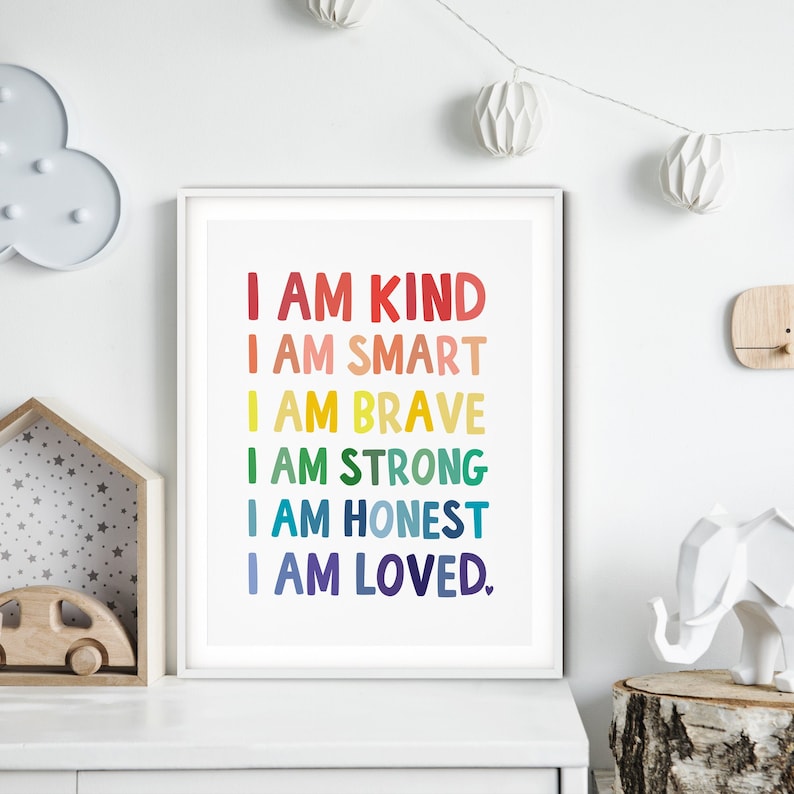 Kids Affirmation Printable Art: I Am Kind Smart Brave Strong Honest Loved, Kids Word Art, Kids Nursery Decor image 2