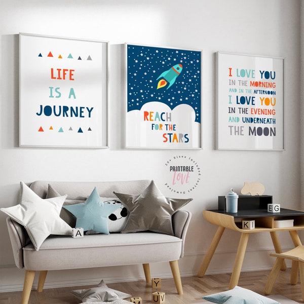 Set of 3 Playroom Printable Art, Kids Room Decor, Boys Room Art, Nursery Print Set, Playroom Decor,  Rocket Space Art